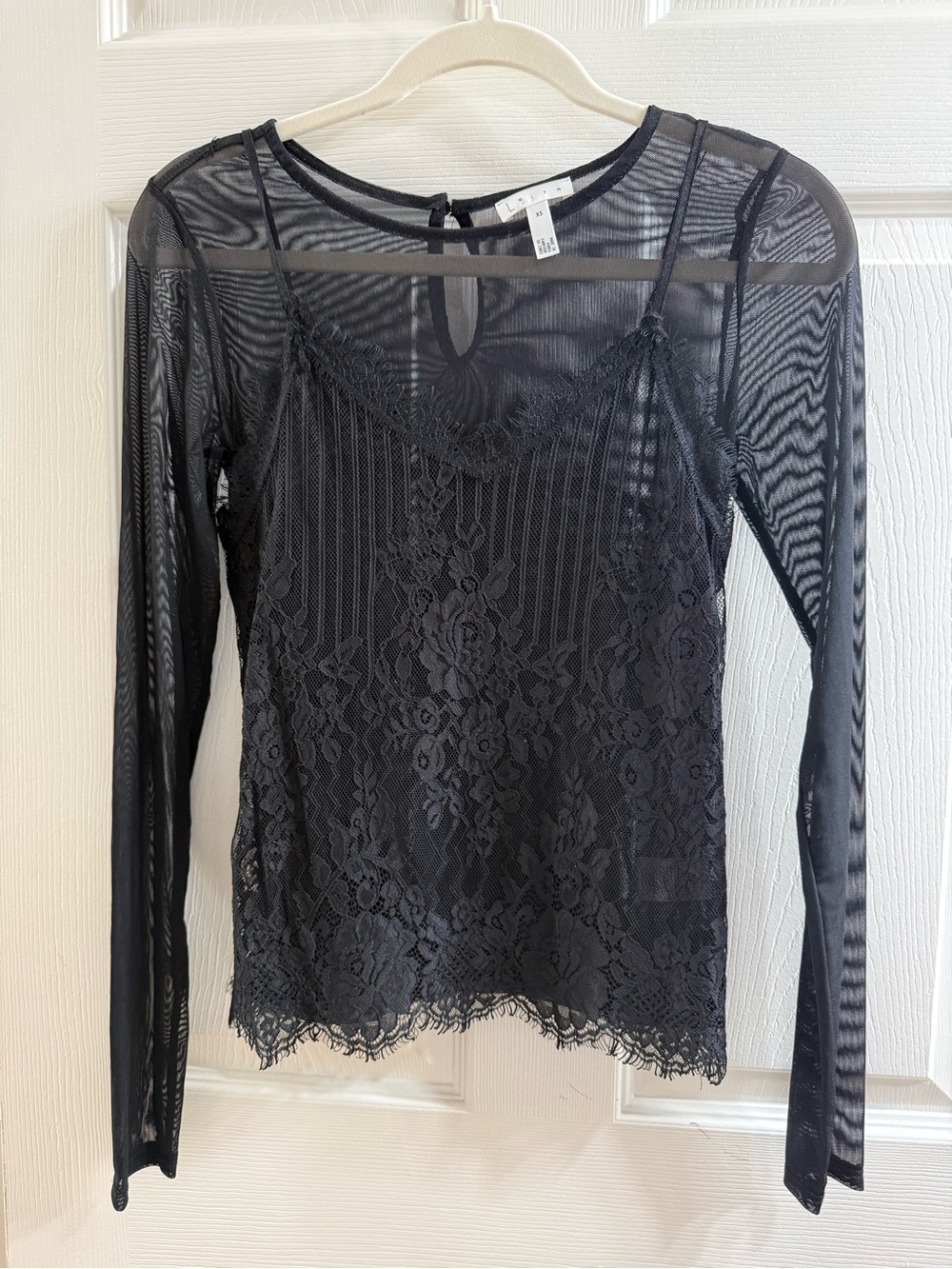 Leith Black Lace & Mesh Long-Sleeve Women's Top